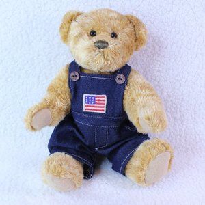 TEDDY BEAR JOINTED BLUE OVERALLS AMERICAN‎ FLAG COVERALLS GOLD PLUSH 9" Stuffed